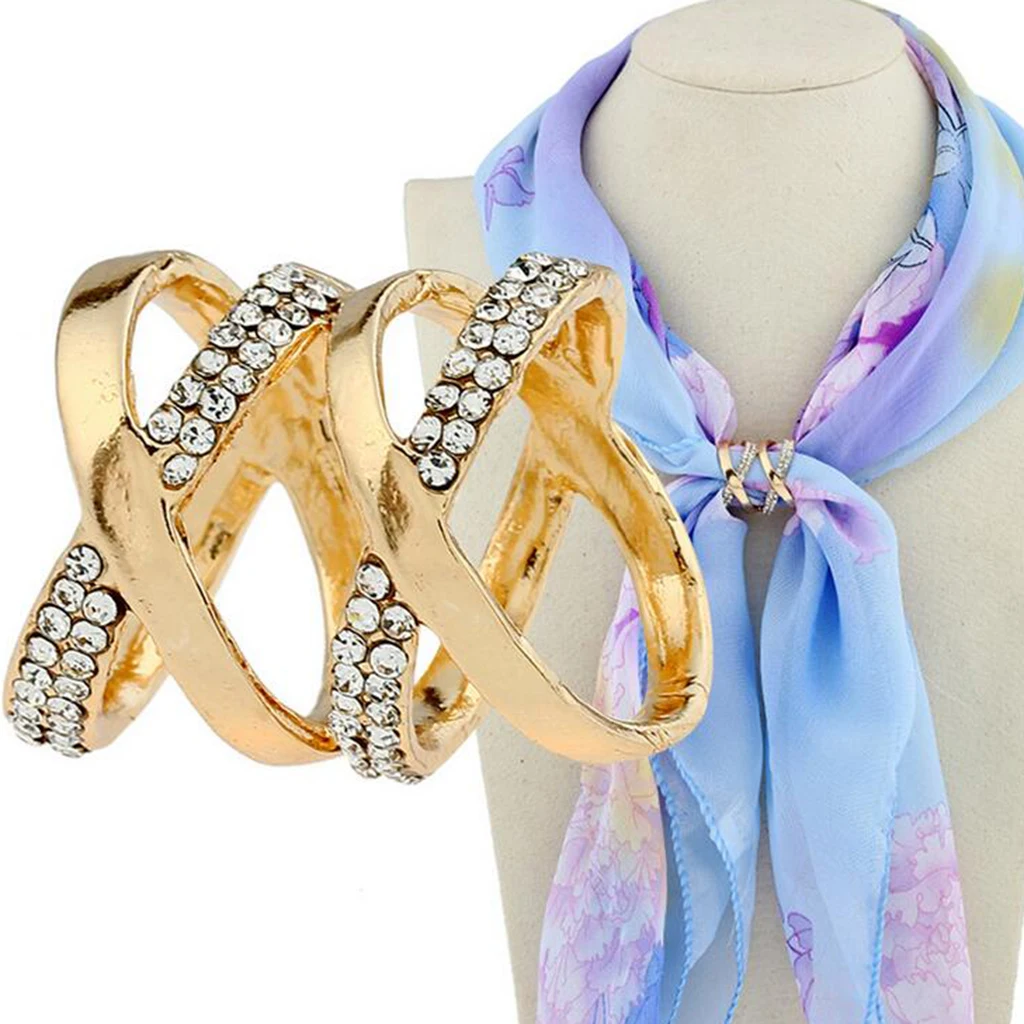 MagiDeal Double X Cross Simple Scarf Ring Clip Holder Rhinestone Silk