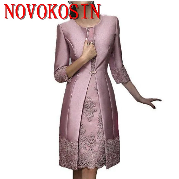 

Appliqued Knee Length Mother Of The Bride Dresses Evening Wear With Jacket Satin Lace Party Wedding Guest Dress 2019 Mother Suit