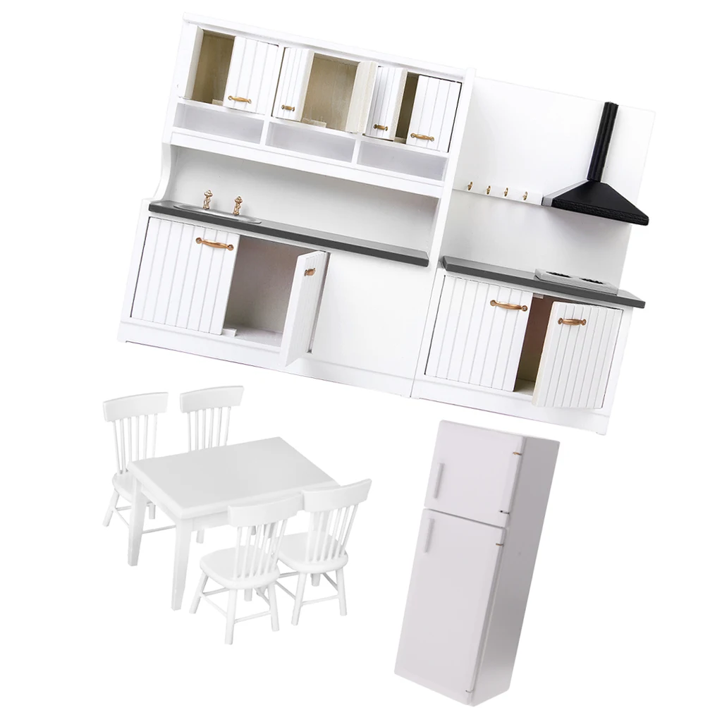 1/12 Dollhouse Miniature Wood Kitchen Furniture Set Fridge Table Chair Model