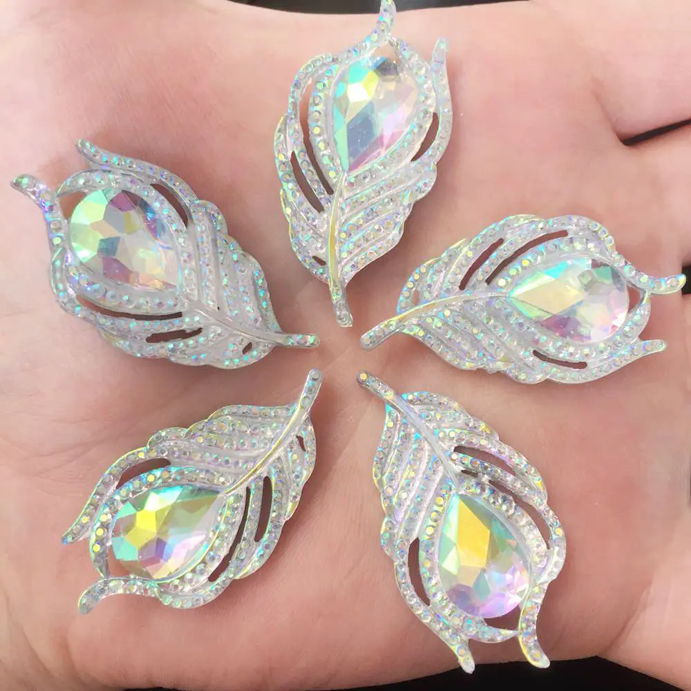 

New 10PCS AB Resin 3D Peacock Feathers Flatback Rhinestone Wedding DIY Buttons W192