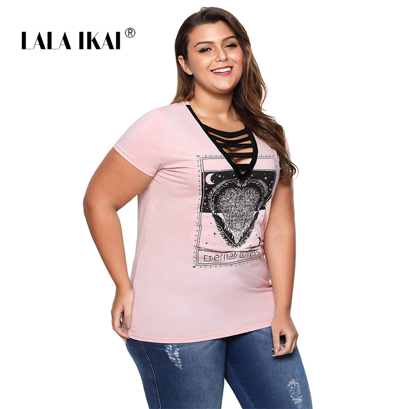 LALAIKAI плюс Размеры 3XL 4XL 5XL Ins более футболки Для женщин короткий рукав глубокий v