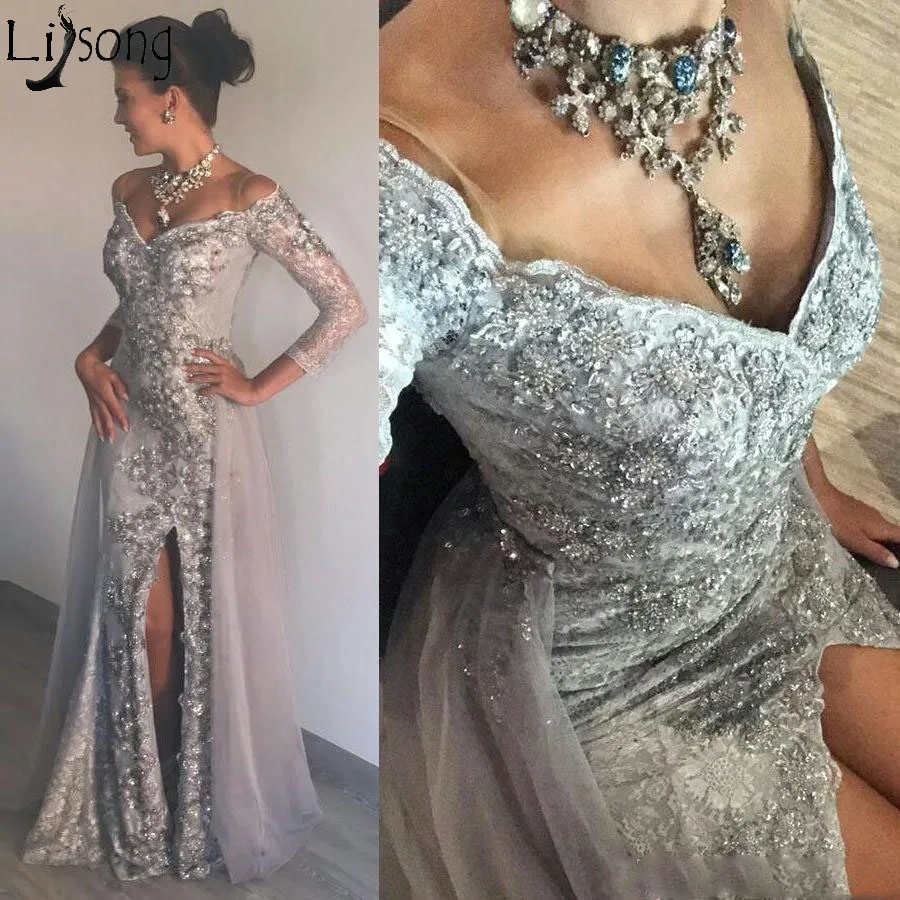 Stunning Luxurious Silver Evening Gowns Heavy Beading Sequins V-Neck 34 Sleeves Mermaid Prom Dresses Sexy Side Split Lace Evening Dresses159
