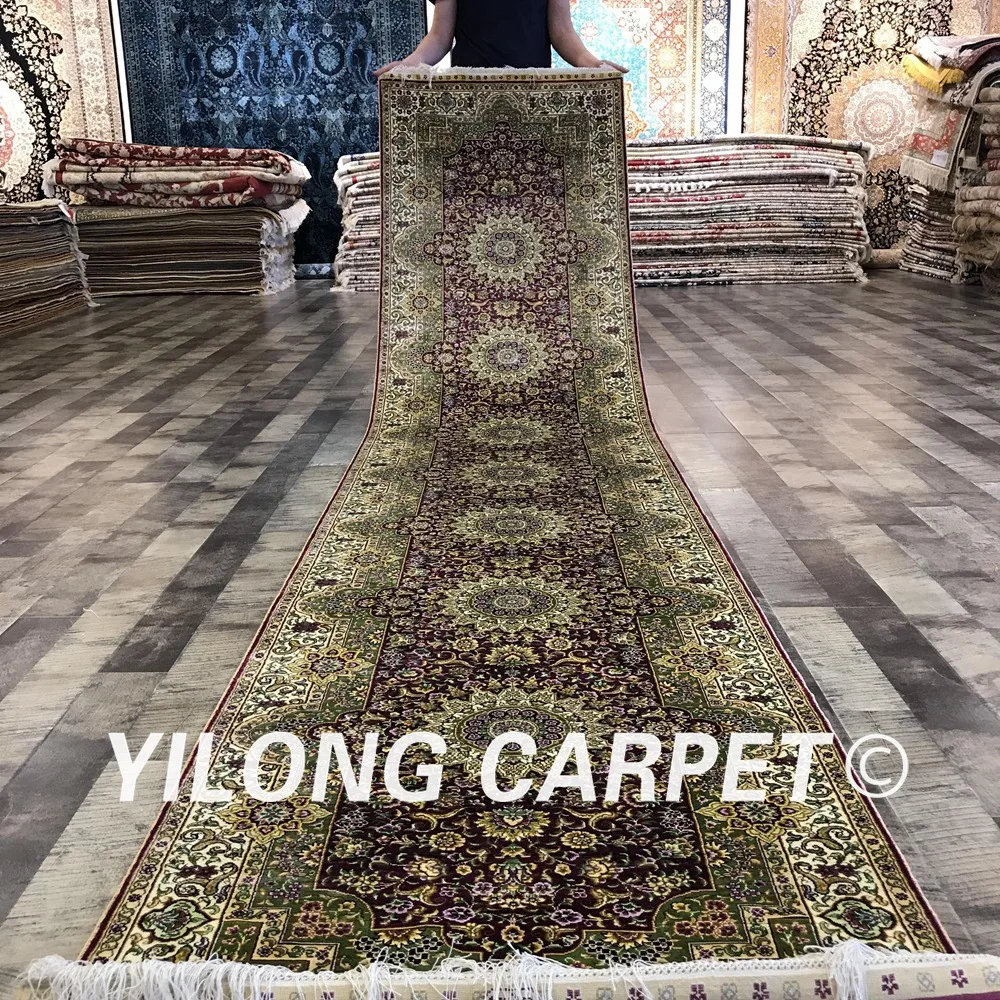 Yilong 2.5'x12' handmade persian silk carpet rectangle purple hand knotted striped rug runner