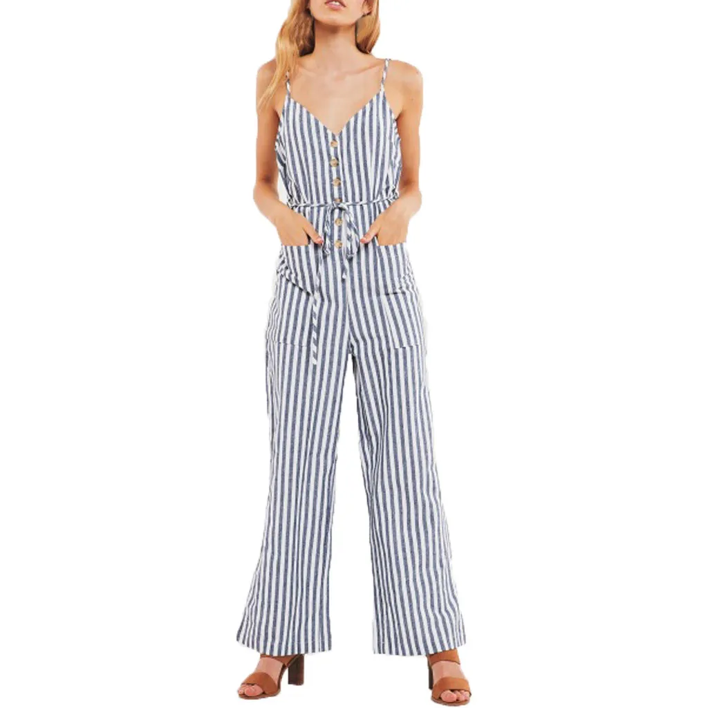 New Women'S Clothes Ladies Striped Sexy Sleeveless Tank Jumpsuit Belt Waist Pocket Casual Loose Jumpsuits #BL2