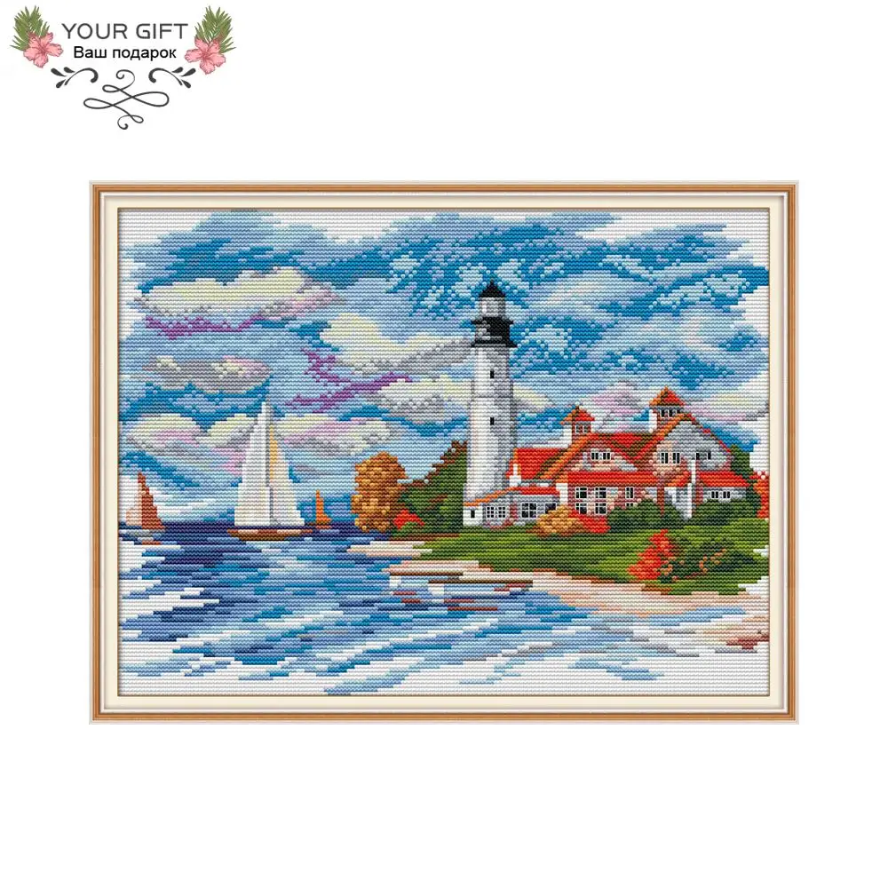 

Joy Sunday FA030 The Seaside Lighthouse 14CT 11CT Counted and Stamped The Seaside Lighthouse Needlework Cross Stitch Kits
