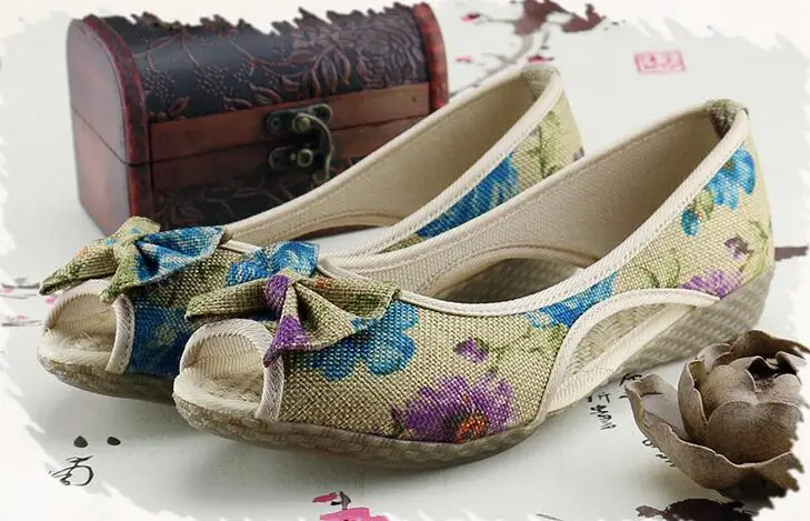 Vintage Women Flats Summer New Soft Canvas Embroidery Shoes Casual Slip On Bow Dance Flat Sandals For Woman Zapatos Mujer 27