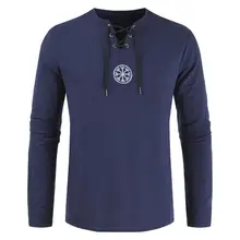 New Men Plus Size Ancient Viking Embroidery Lace Up V Neck Long Sleeve T-Shirt Top lace up plus size floral stripe t shirt