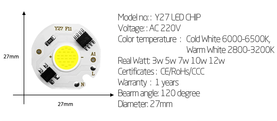 5 шт COB светодиодный светильник чип реальная Мощность 3 W 5 W 7 W 10 W 12 W Y27 светодиодный Лампа 220 V IP65 Вход смарт-ic для DIY Светодиодный прожектор
