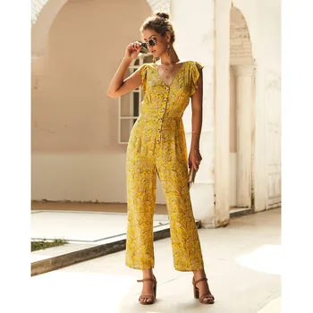 

Women Boho Jumpsuit V Neck Sleeveless High Waist Button Floral Print Jumpsuit Romper Wide Leg Summer Holiday Beach Long Pants
