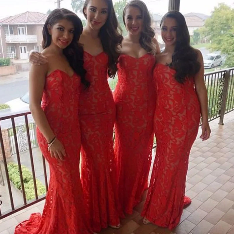 Red 2017 Mermaid Sweetheart Floor Length Lace Long font b Bridesmaid b font font b Dresses