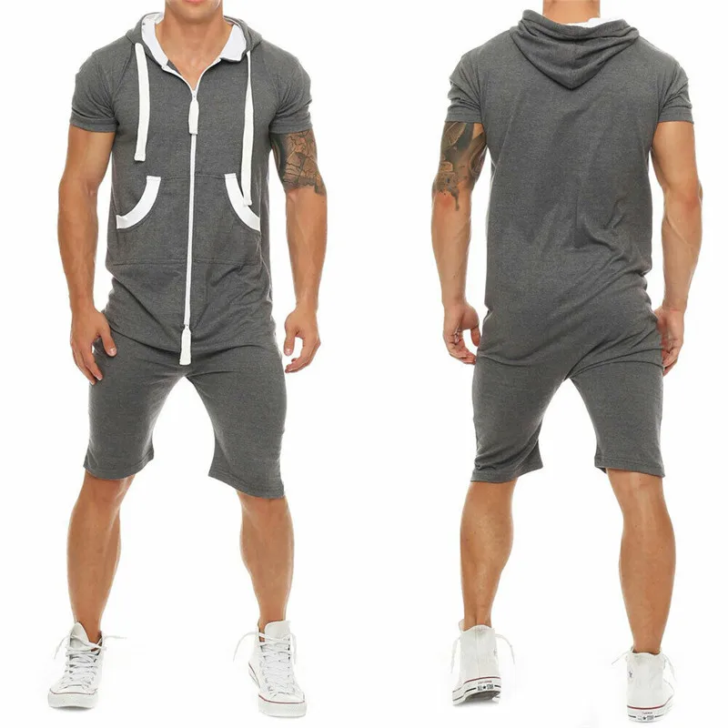 HIRIGIN Stylish Men Short Sleeve Romper Casual Jumpsuit Hooded One Piece Playsuits Wear Sets - Цвет: Темно-серый