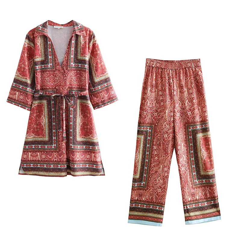 

Women's suit spring and summer two-piece suit casual print seven-point sleeves long coat + high waist elastic casual pants