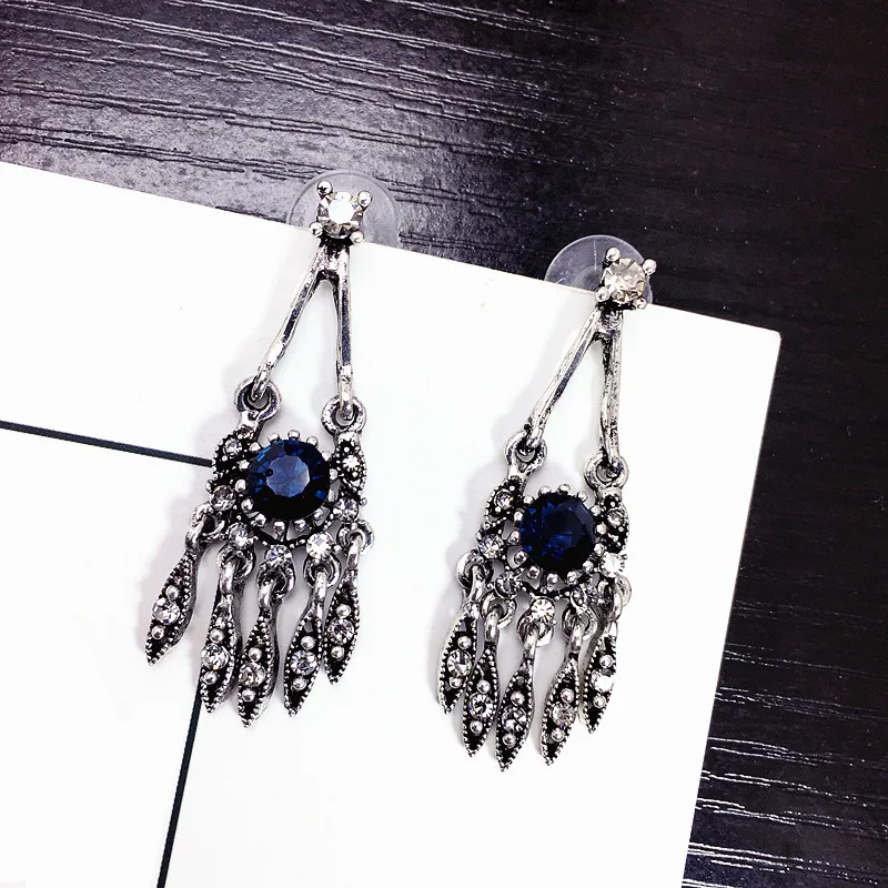 New Vintage Women Elegent Blue Crystal Dangle Earring Gun black Tassel