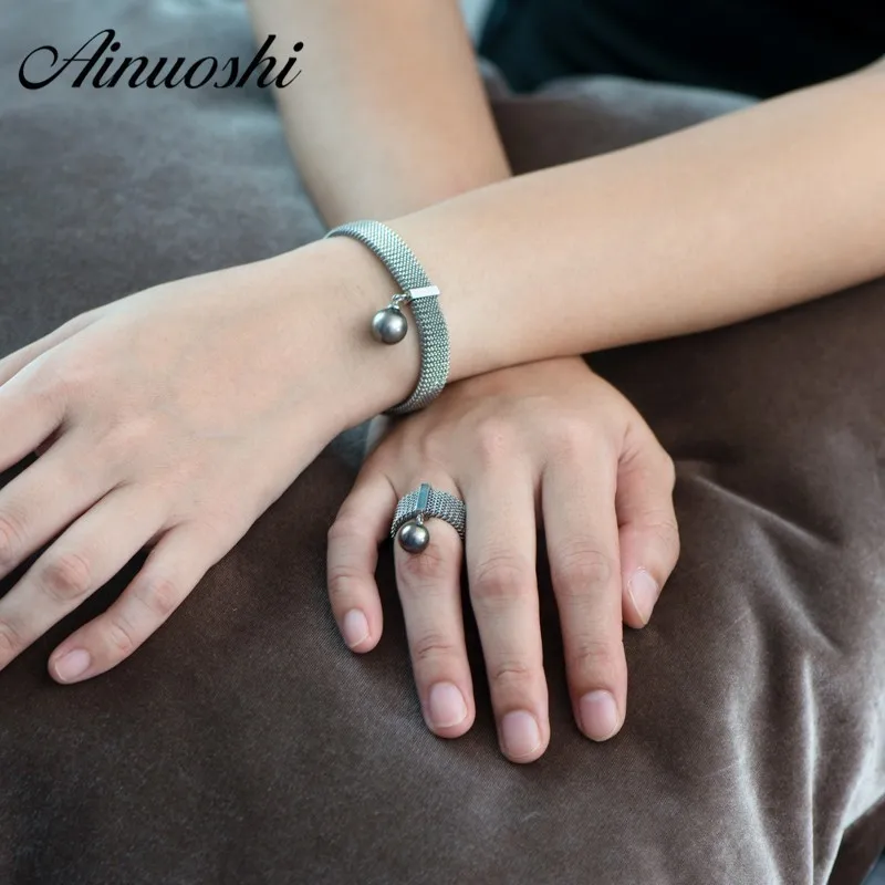 

AINUOSHI US#6.75 Adjustable Spring Ring Bracelet Sets Natural Black South Sea Tahiti Pearl Ring Bracelet Flexible Length