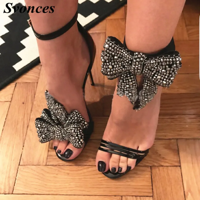 Elegant Removable Butterfly Knot Shoes Women High Heel Sandal Wedding Shoes Crystal Bow Embellished Patent Stiletto Dress Sandal