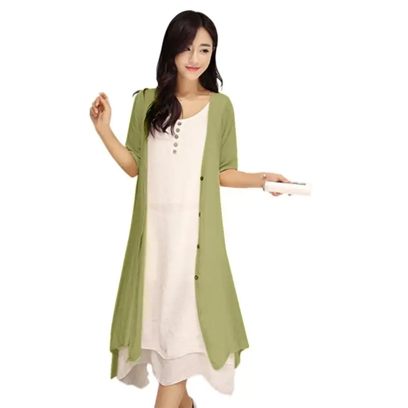 

2 Piece Set Autumn Women Temperament Clothes Set Casual Solid Color Soft Cardigan Linen Retro Elegant Dress Summer Female