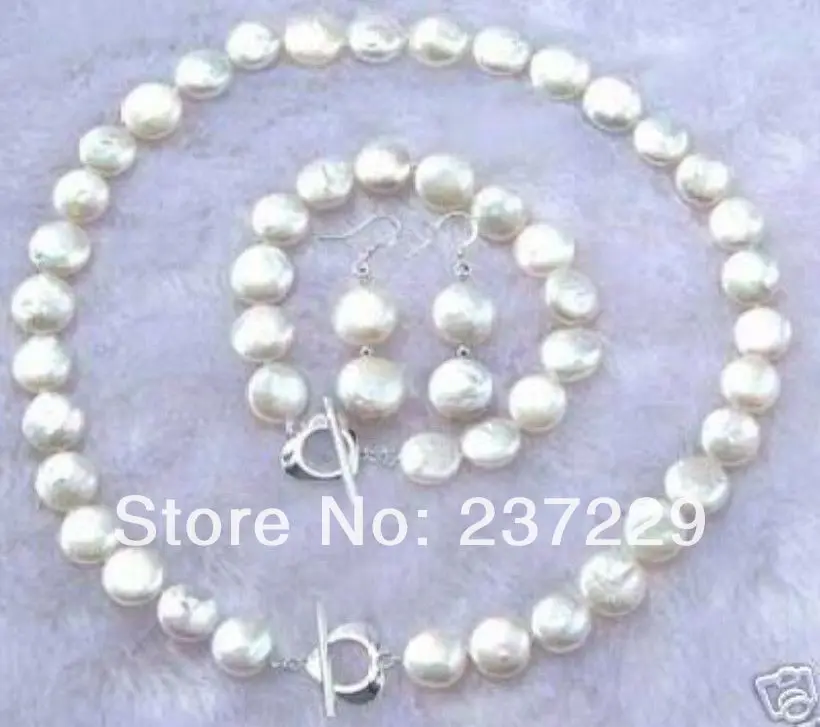 

Wholesale price FREE SHIPPING a11-12MM White Coin Pearl Necklace Bracelet Earring Set (A0423)