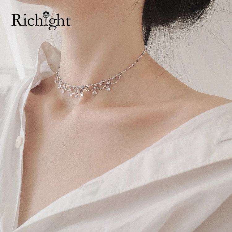 

Wedding Bridal Tiny CZ Stone Diamond Charm Crystal Necklace Sterling Silver Chain Boho Layered Link Lace Tassel Choker Necklace
