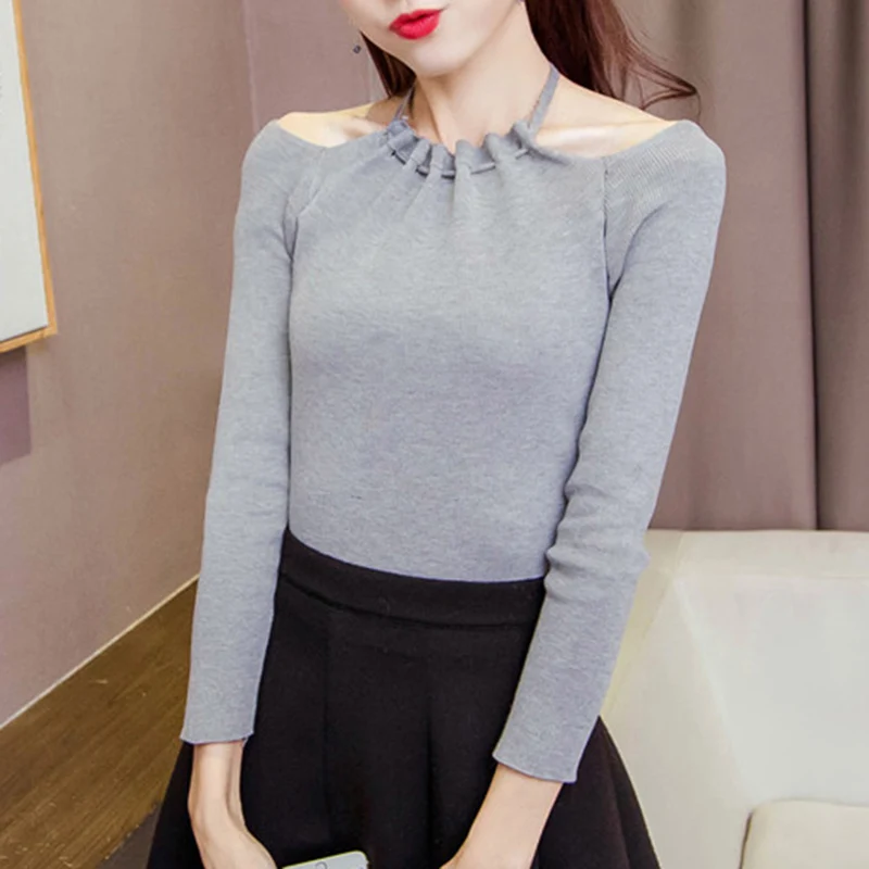 Fashion Women's Sweaters And Pullovers Sexy Hanging Neck Shoulder Off Female Sweater Casual Solid Color Knit Sueter Mujeres 2018