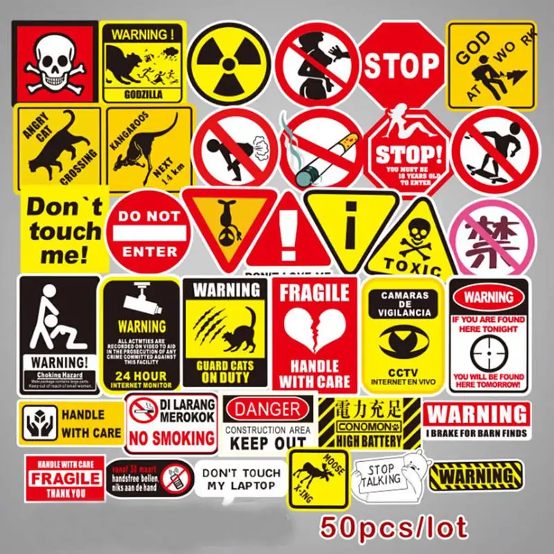 

50 PCS Signs Stickers Danger Warning Banning Reminder Decor Sticker to DIY Car Laptop Motorcycle Suitcase Fridge Guitar Notebook