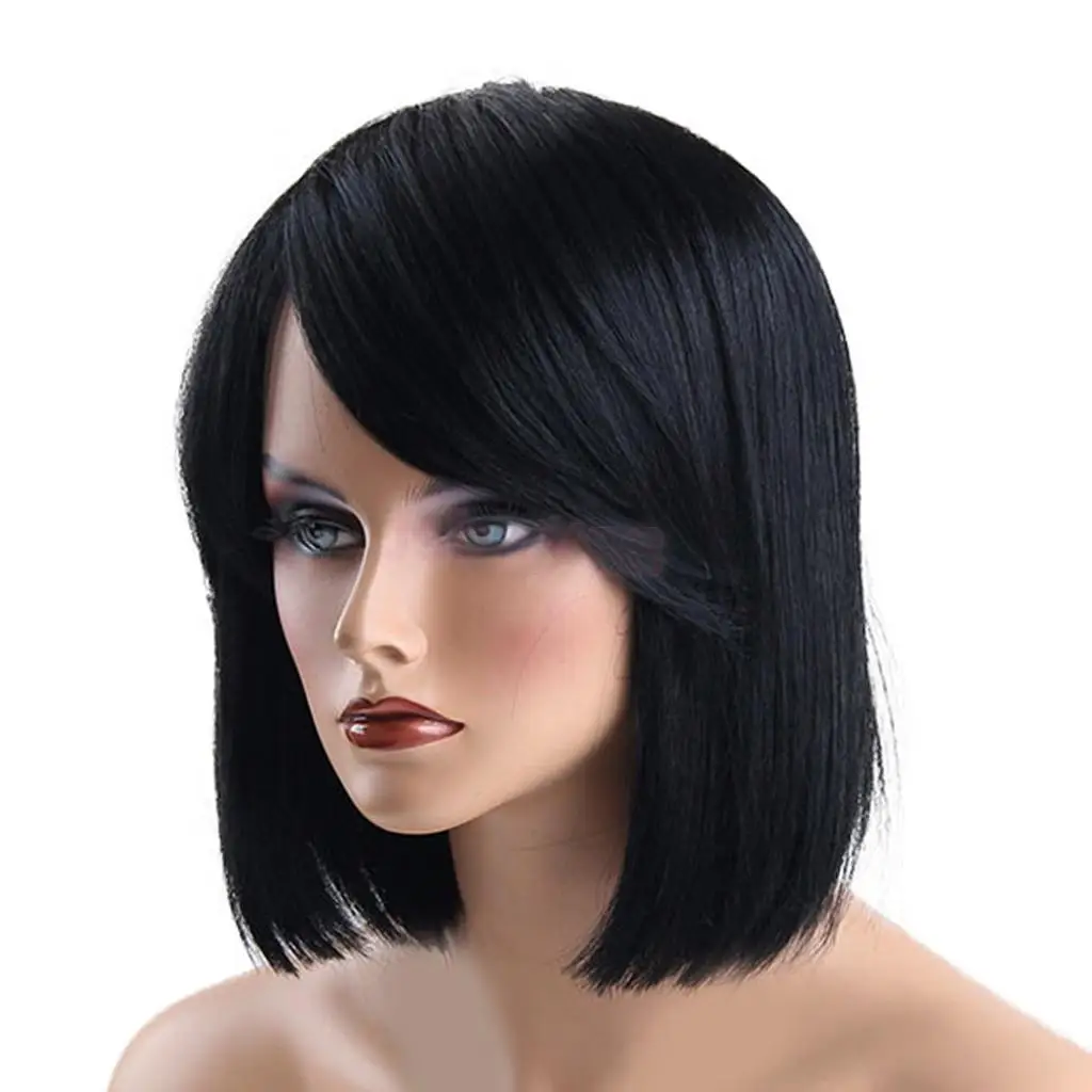 12 Inch Short Bob Straight Hair Wigs with Side Bangs for Women Shoulder Length Full Wig Natural Black color Looking with Wig Cap 12 Inch Short Bob Straight Hair Wigs with Side Bangs for Women Shoulder Length Full Wig Natural Black color Looking with Wig Cap