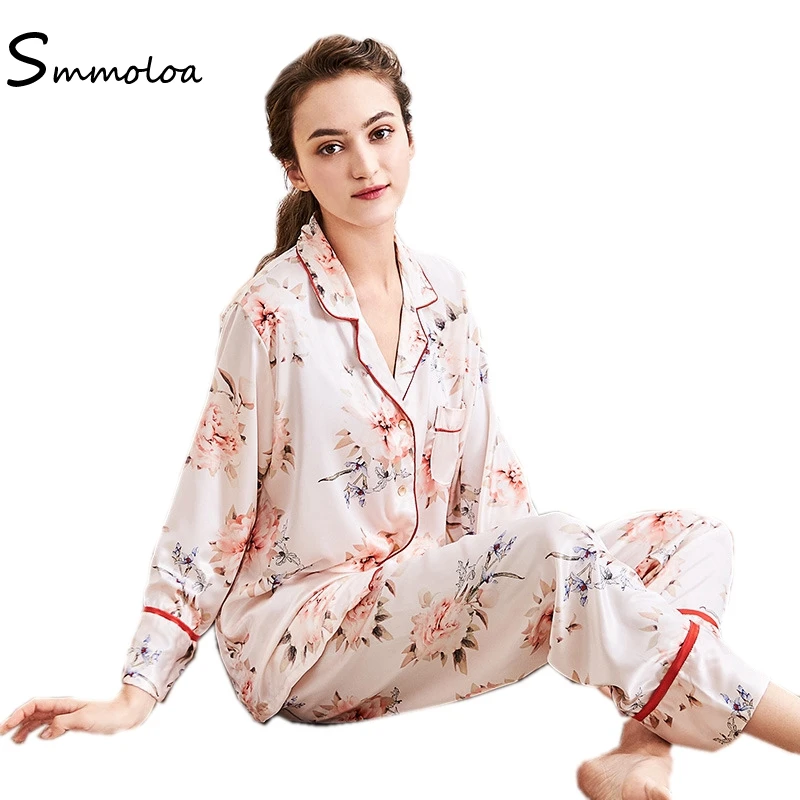 

Smmoloa Women Silk Pajamas Satin Pyjamas Set Female Sleepwear Two Piece Set Print