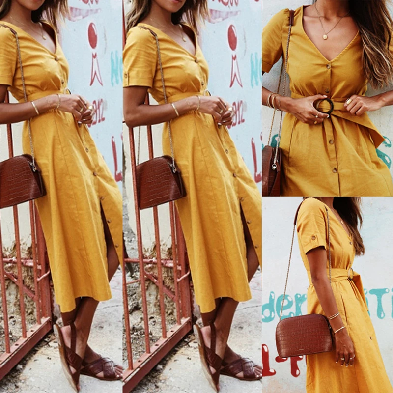 Women Summer Striped Dress Woman Sexy V-neck Short Sleeve Belt Dress Ladies Mid-calf Button Dress Holiday Boho Dresses Sundress
