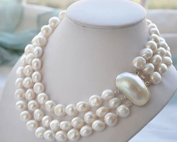 

FREE SHIPPING>@@> N3571 3ROW BAROQUE WHITE FRESHWATER PEARL NECKLACE MABE