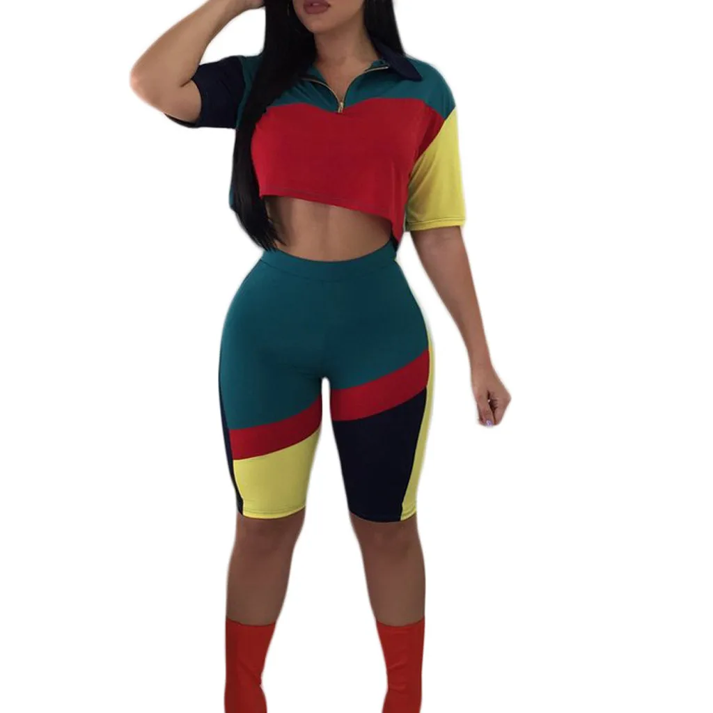 

Fitness Sport Suits Women's Yoga Clothing Set Sexy Workout Sportswear Tracksuits Short Sleeve Navel Exposed Zipper Splicing Suit