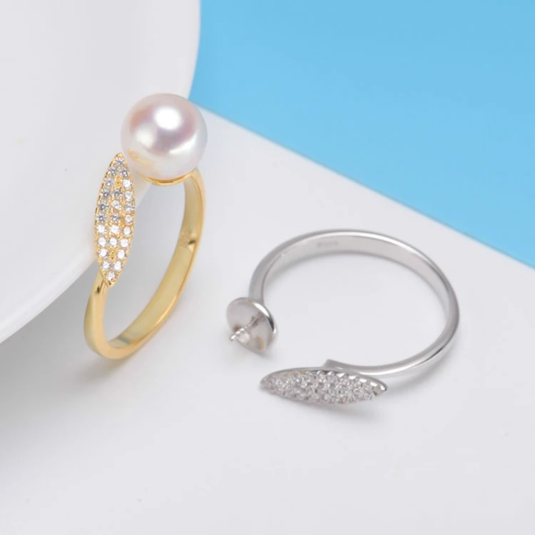 S925 Sterling Silver Leaf Design Open Adjustable Pearl Rings Settings