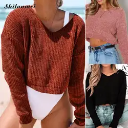 Модные женские свитера с v-образным вырезом, Осенний укороченный вязаный пуловер с длинными рукавами, новинка 2019, однотонные повседневные