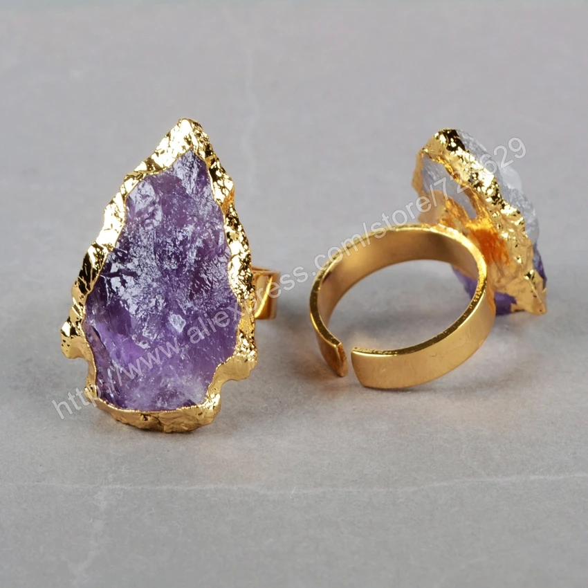 Золотистое кольцо BOROSA g0698 с необработанными аметистами|gold ring|gold colorring ring |