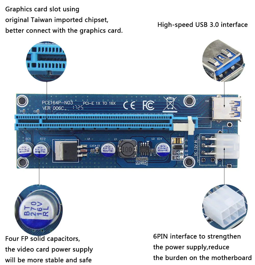 PCI E Райзер Express 1X до 16X карта Райзера USB 3 0 SATA кабель питания BTC для майнинга