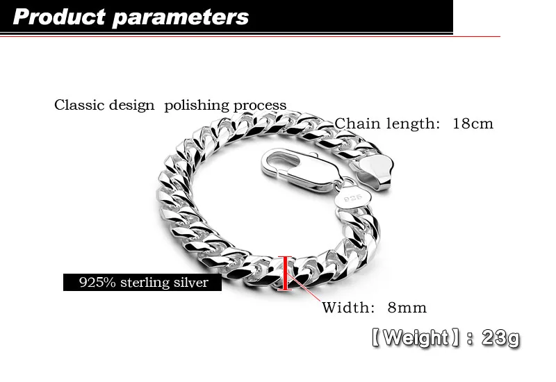 Модные Для мужчин серебряные ювелирные изделия 925 пробы серебро винтажные звено цепи браслет Толстый Браслет кубинский браслет 8MM23cm браслет