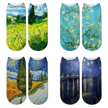 Новинка, 3D рисунок в стиле ретро, рисунок Ван Гога, забавные женские носки, цветок, звездная ночь, короткие носки, известная картина маслом, Calcetines Mujer, носки