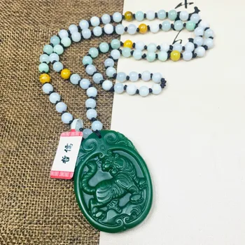 

Zheru Jewelry Pure Natural Jasper Carved Round Tiger Pendant Tricolor Jadeite Bead Necklace Send Class A Certificate