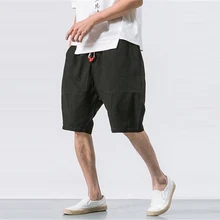 Летние мужские хлопковые шорты в повседневном стиле льняные свободные фитнес-джоггеры модные Лоскутные до колен мешковатые шнурки Hombre
