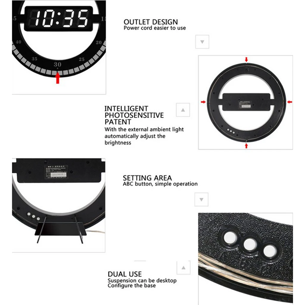

Creative Mute Hanging Wall Clock Black Circle Automatically Adjust Brightness Digital LED Display Desktop Table Clock EU Plug