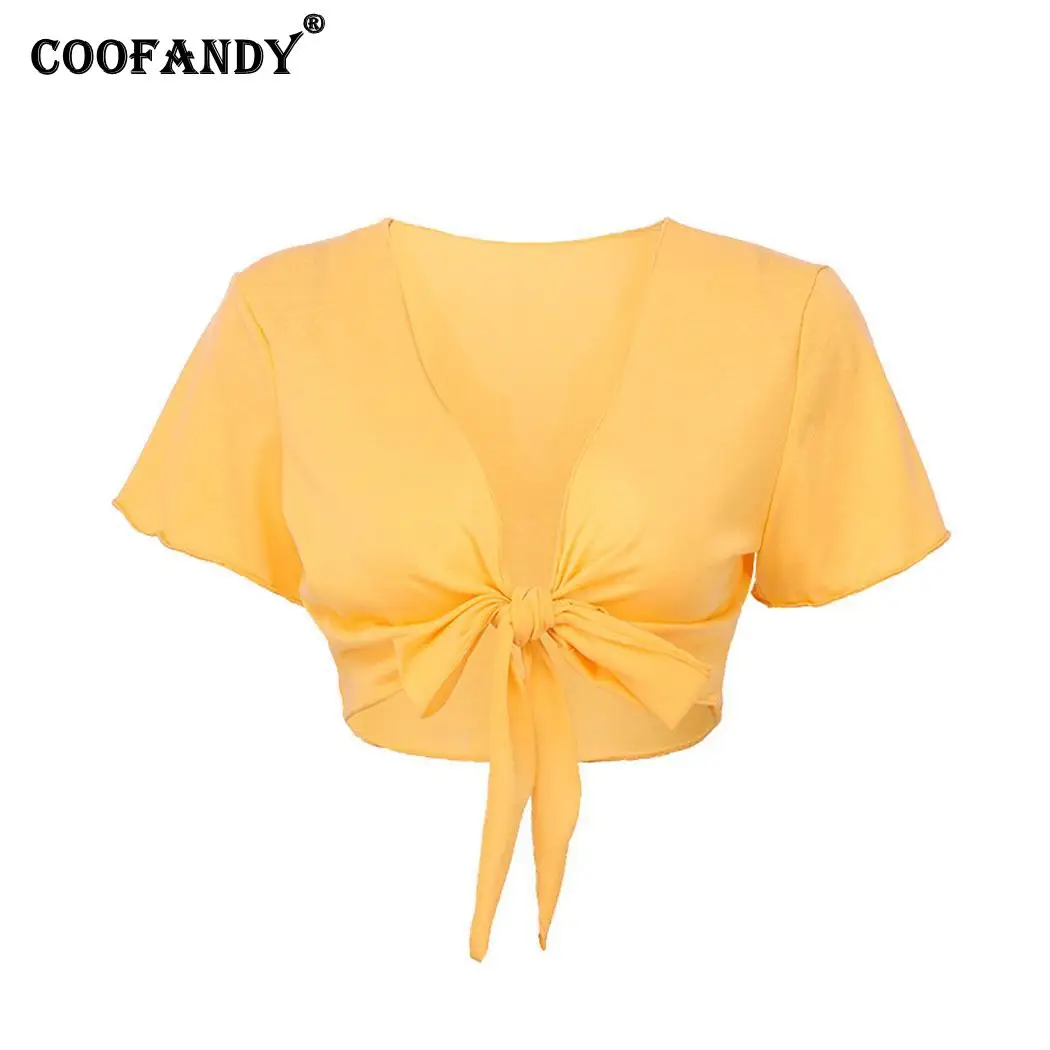 

Women Casual V Neck Short Sleeve Solid Bowknot, Bowknot Pleated Spring, Summer, Autumn Tops