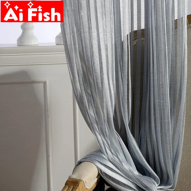 

Modern Simple and Generous Mesh Curtain Fabrics Grey Stripe Tulle For Living Room Bedroom Window Screen Balcony Sheer wp097-30
