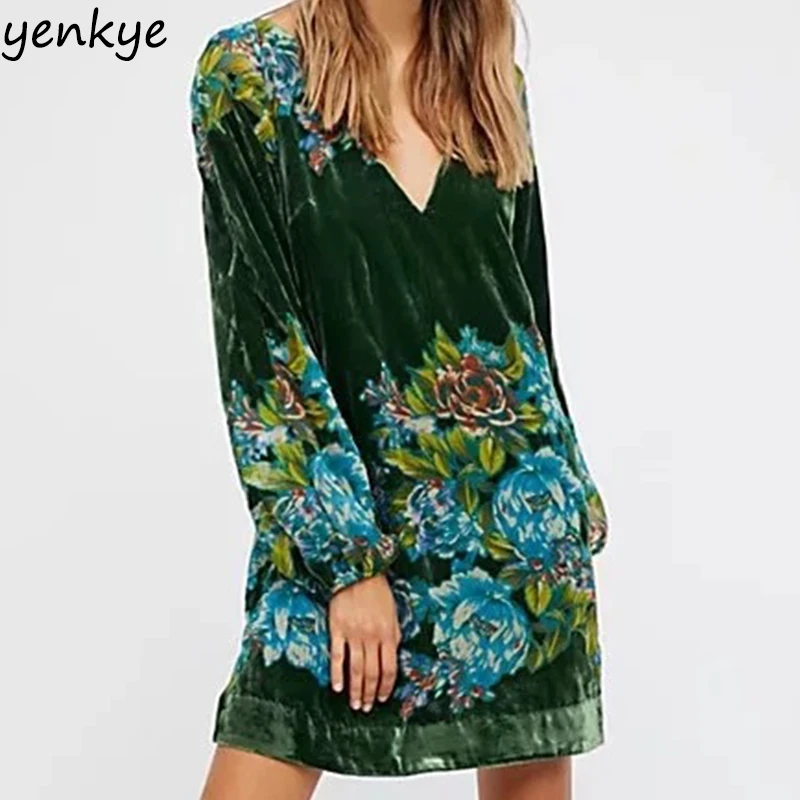 

Women Floral Printed Velvet Dress Sexy Backless V Neck Long Sleeve Casual Winter Dress Short vestidos mujer SDP8421