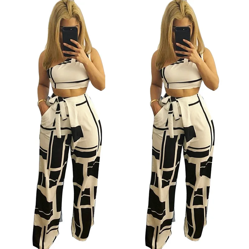 

Women Sleeveless Crop Top Long Pants Tracksuit One Shoulder Track Suit 2 Piece Set Pants Suit L0178