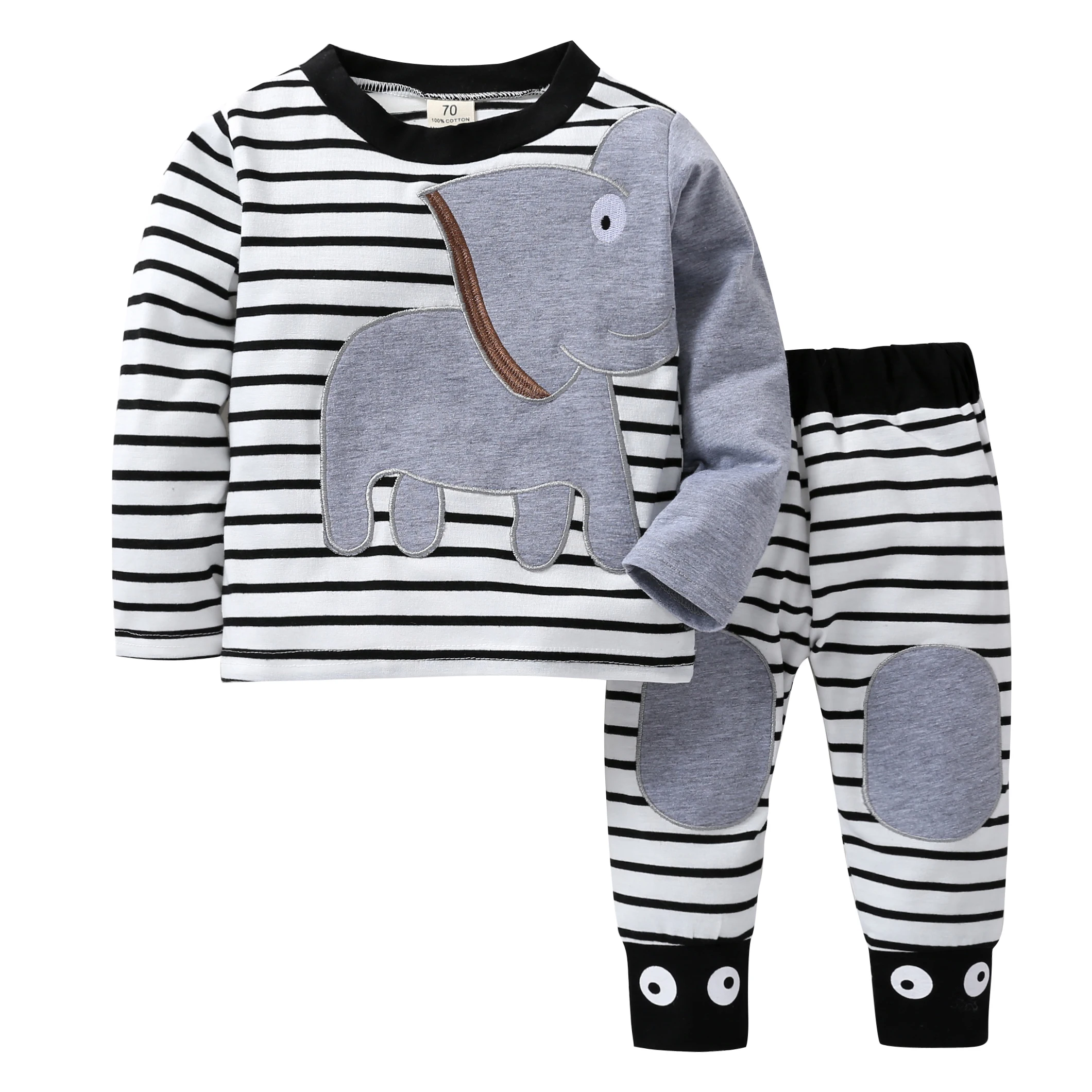 Из 2 предметов для маленьких мальчиков с изображением слона животных одежда для сна, комплект одежды с длинными рукавами, топы+ Штаны домашние пижамы, для детей 0-18 месяцев