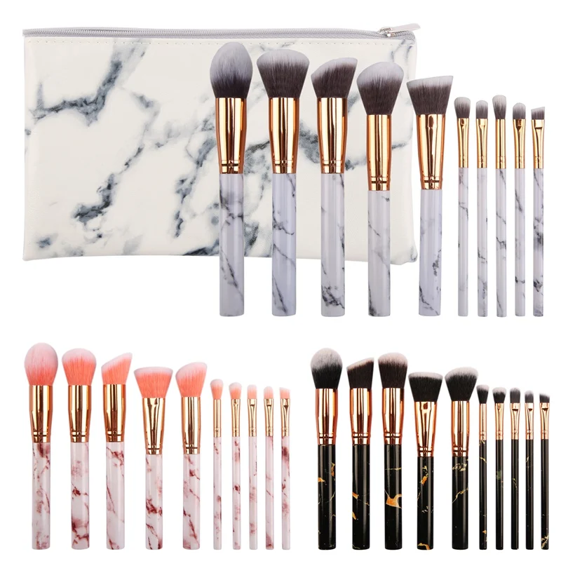 

10 Pcs Marble Makeup Brush Beauty Tool White handle Black Hair Makeup Brushes Kits Blush Bulk Powder Eye Shadow Highlight Brush