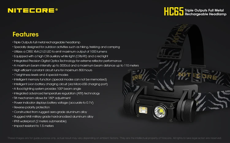 Água sem 18650 Top de Vendas Hc65 Nitecore Farol 1000lm Saída Tripla Ourdoor Farol Lanterna à Prova d' Bateria Frete Grátis 21 High Quality headlamp 1000lm