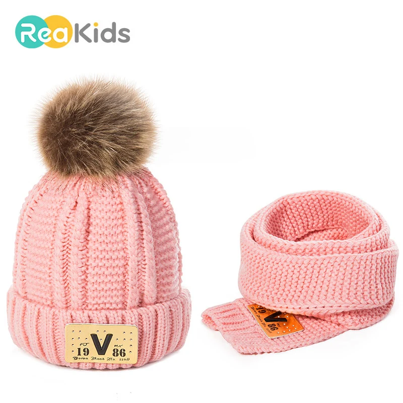 REAKIDS/новые милые зимние шапочки, детская шапка, шарф, комплект, плюшевые хлопковые вязаные шапочки, детская шапка для девочек и мальчиков, теплый шарф унисекс