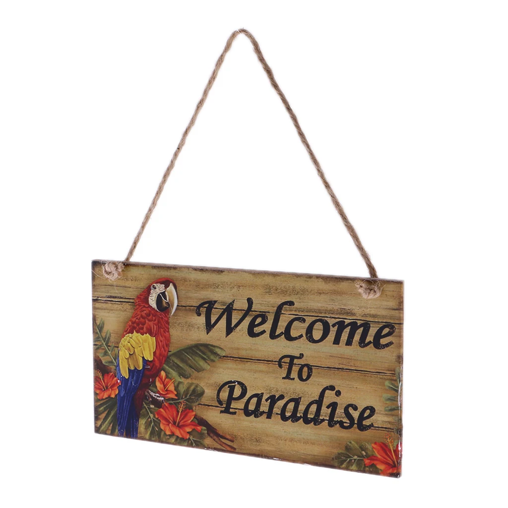 Vintage Welcome To Paradise Wooden Plaque Sign Board with Jute Twine Hanging Signs for Home Garden Decor