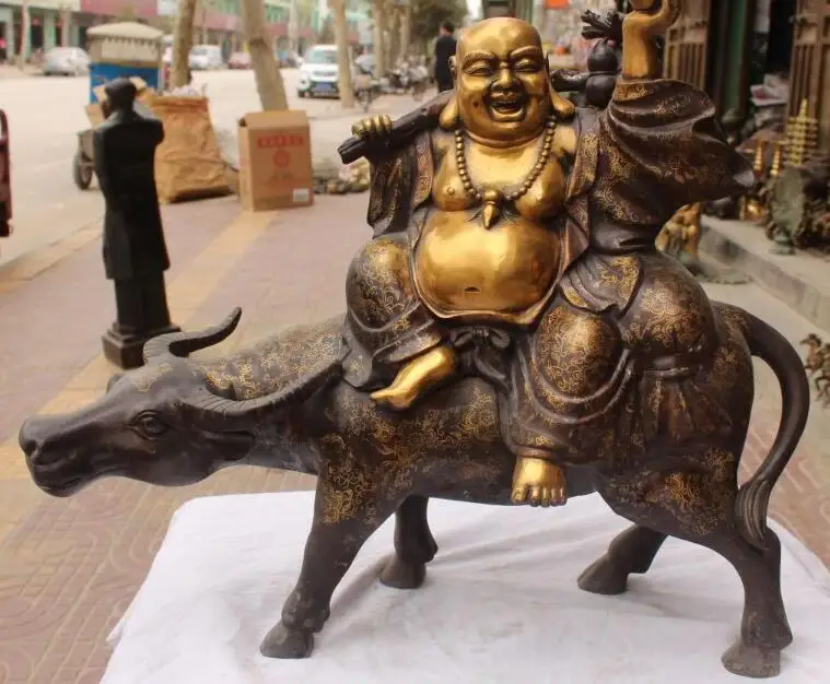 

S2560 22" Chinese Bronze Gilt Wealth Happy Laugh Maitreya Buddha On Bull Oxen Statue
