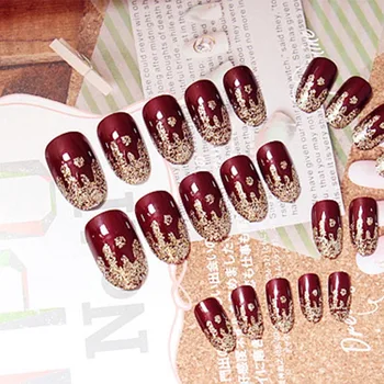 

24PCS High-gloss Shiny Red Wine Ice Cream False French Fake Nail Tips Full Cover Acrylic Medium Round False Nail With Glue