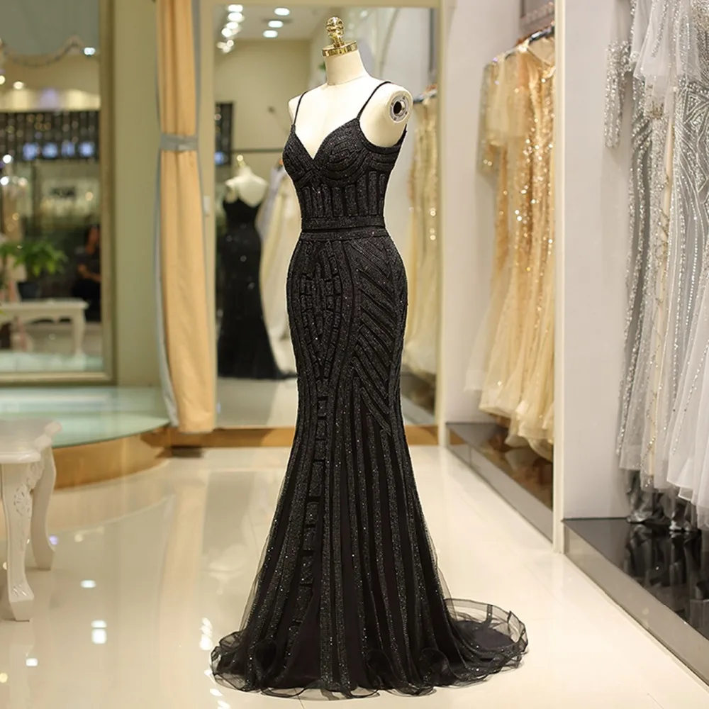 Настоящий черный вечернее платье с кристаллами платье Русалка на бретельках блеск Праздничное платье Longo вечернее платье для выпускного вечера Abiye